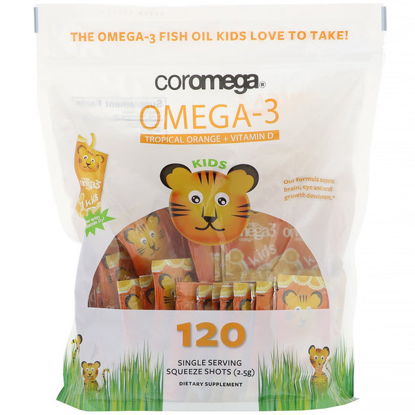 Coromega, Omega-3, Kids, Tropical Orange + Vitamin D, 120 Single Serving Squeeze Shots - The Supplement Shop