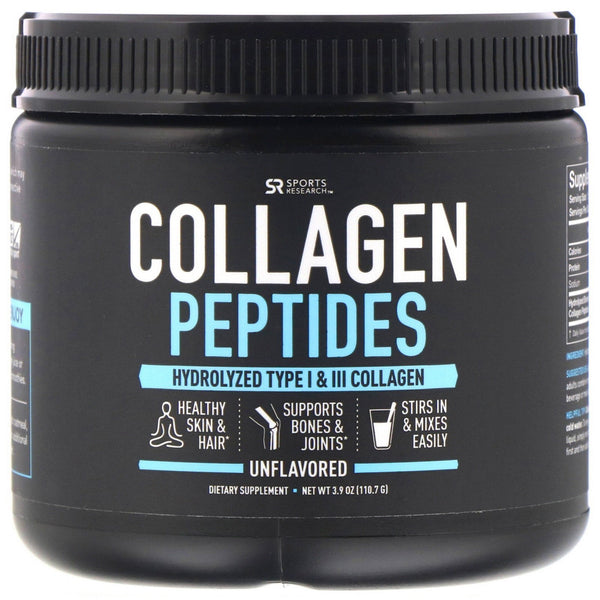 Sports Research, Collagen Peptides, Hydrolyzed Type I & III Collagen, Unflavored, 3.9 oz (110.7 g) - The Supplement Shop