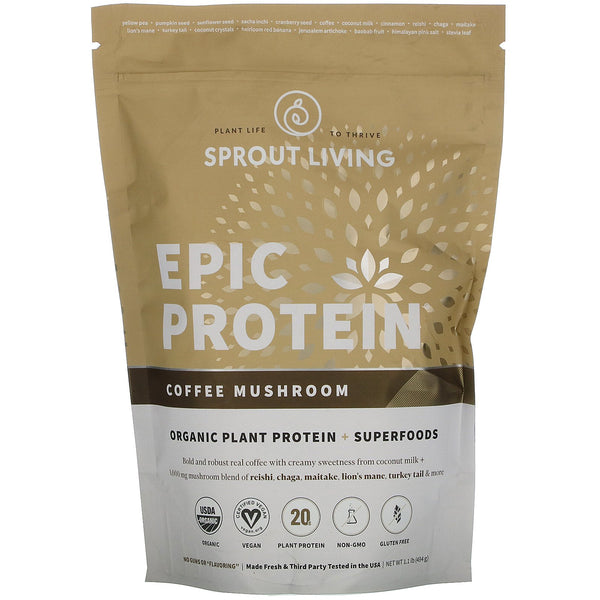 Sprout Living, Epic Protein, Organic Plant Protein + Superfoods, Coffee Mushroom, 1.1 lb (494 g) - The Supplement Shop