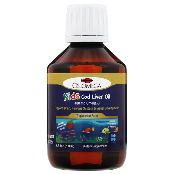 Oslomega, Norwegian Kid's Cod Liver Oil, Natural Strawberry Flavor, 480 mg, 6.7 fl oz (200 ml) - The Supplement Shop