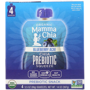 Mamma Chia, Organic Chia Prebiotic Squeeze, Blueberry Acai, 4 Pouches, 3.5 oz (99 g) Each