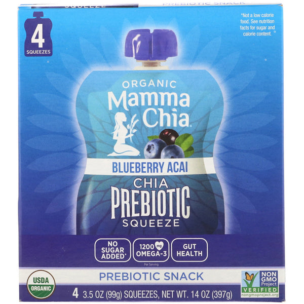 Mamma Chia, Organic Chia Prebiotic Squeeze, Blueberry Acai, 4 Pouches, 3.5 oz (99 g) Each - The Supplement Shop