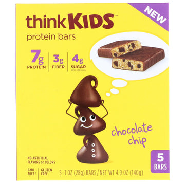 ThinkThin, ThinkKids, Protein Bars, Chocolate Chip, 5 Bars, 1 oz (28 g) Each