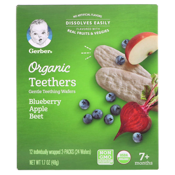 Gerber, Organic Teethers, Gentle Teething Wafers, 7+ Months, Blueberry Apple Beet, 12 Packs, 2 Wafers Each - The Supplement Shop