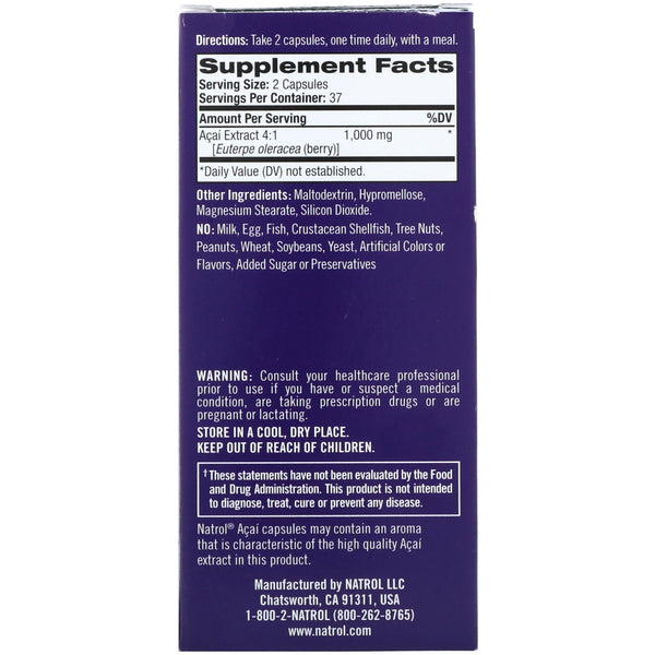 Natrol, Acai Berry, 1,000 mg, 75 Veggie Caps - The Supplement Shop