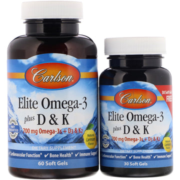 Carlson Labs, Elite Omega-3 Plus D & K, Natural Lemon Flavor, 60 + 30 Free Soft Gels