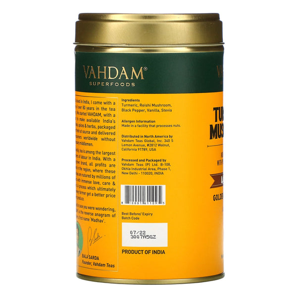 Vahdam Teas, Latte Mix, Turmeric Mushroom, 3.53 oz (100 g) - The Supplement Shop