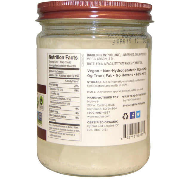 Nutiva, Organic Coconut Oil, Virgin, 14 fl oz (414 ml) - The Supplement Shop