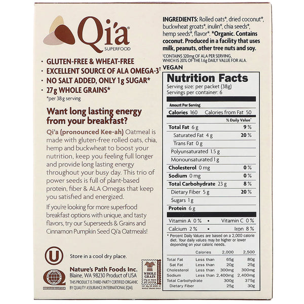 Nature's Path, Qi'a Superfood Oatmeal, Creamy Coconut, 6 Packets, 8 oz (228 g) - The Supplement Shop