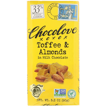 Chocolove, Toffee & Almonds in Milk Chocolate, 33% Cocoa, 3.2 oz (90 g)