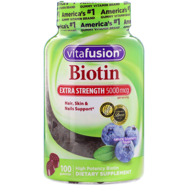 VitaFusion, Extra Strength Biotin, Natural Blueberry Flavor, 5,000 mcg, 100 Gummies - The Supplement Shop