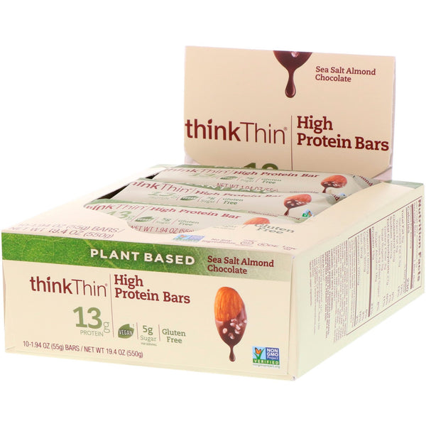 ThinkThin, High Protein Bars, Sea Salt Almond Chocolate, 10 Bars, 1.94 oz (55 g) Each - The Supplement Shop