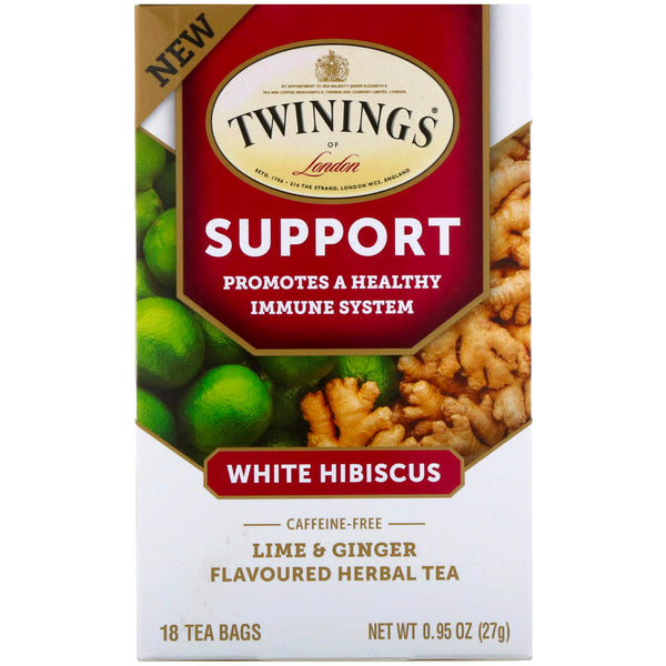 Twinings, Support Herbal Tea, White Hibiscus, Lime & Ginger, Caffeine Free, 18 Tea Bags, 0.95 oz (27 g) - The Supplement Shop