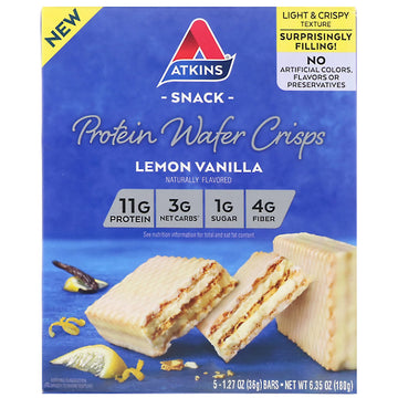 Atkins, Protein Wafer Crisps, Lemon Vanilla, 5 Bars, 1.27 oz (36 g) Each