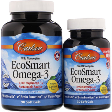 Carlson Labs, EcoSmart Omega-3, Natural Lemon Flavor, 1,000 mg, 90 + 30 Soft Gels