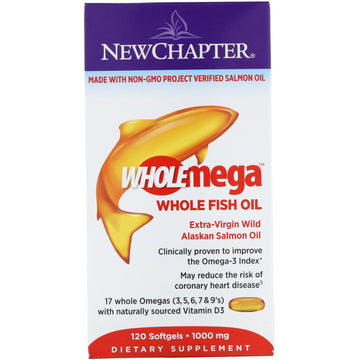 New Chapter, Wholemega, Extra-Virgin Wild Alaskan Salmon, Whole Fish Oil, 1,000 mg, 120 Softgels