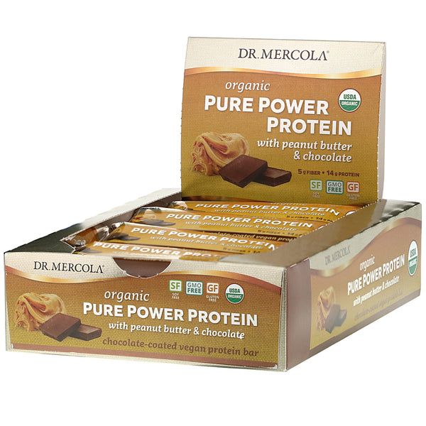 Dr. Mercola, Organic Pure Power Protein, Peanut Butter & Chocolate, 12 Bars, 1.83 oz (52 g) Each - The Supplement Shop