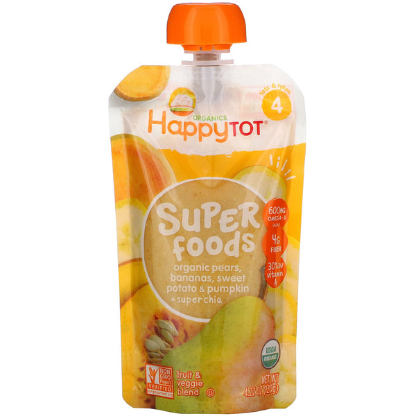 Happy Family Organics, Happy Tot, Superfoods, Pears, Bananas, Sweet Potato & Pumpkin + Superchia, 4.22 oz (120 g) - The Supplement Shop