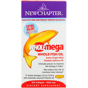 New Chapter, Wholemega, Extra-Virgin Wild Alaskan Salmon, Whole Fish Oil, 1,000 mg, 180 Softgels