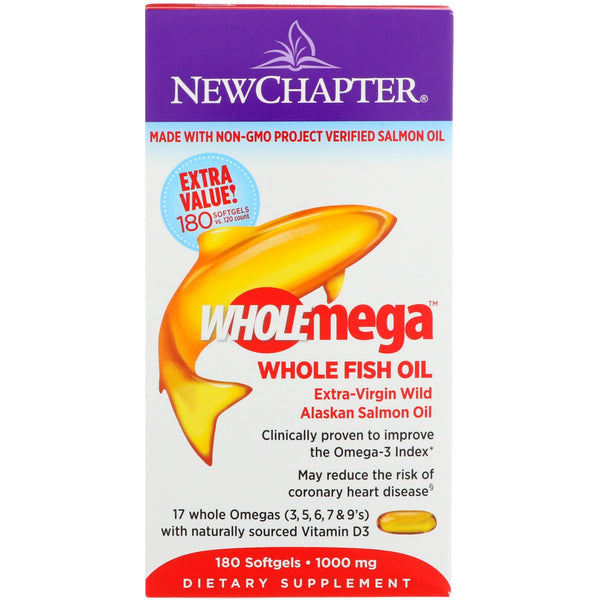 New Chapter, Wholemega, Extra-Virgin Wild Alaskan Salmon, Whole Fish Oil, 1,000 mg, 180 Softgels - The Supplement Shop
