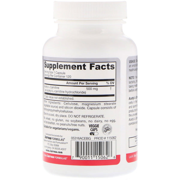 Jarrow Formulas, Acetyl L-Carnitine, 500 mg, 120 Veggie Caps - The Supplement Shop