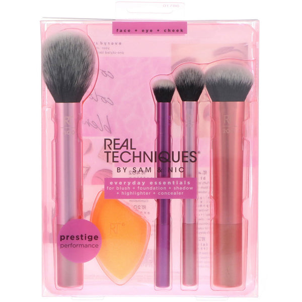 Real Techniques, Everyday Essentials, For Blush + Foundation + Shadow + Highlighter + Concealer, 5 Pieces - The Supplement Shop