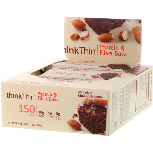 ThinkThin, Protein & Fiber Bars, Chocolate Almond Brownie, 10 Bars, 1.41 oz (40 g) Each - The Supplement Shop