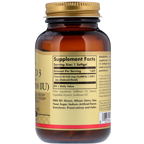 Solgar, Vitamin D3 (Cholecalciferol), 250 mcg (10,000 IU), 120 Softgels - The Supplement Shop