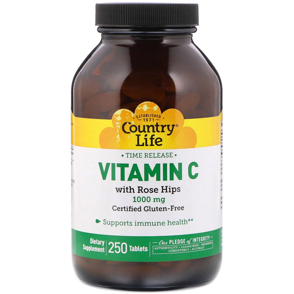 Country Life, Time Release Vitamin C with Rose Hips, 1,000 mg, 250 Tablets - The Supplement Shop