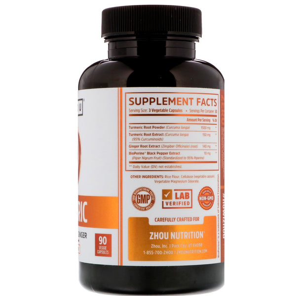 Zhou Nutrition, Turmeric, Curcumin with Ginger, 90 Veggie Capsules - The Supplement Shop