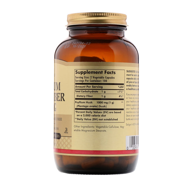 Solgar, Psyllium Husks Fiber, 500 mg, 200 Vegetable Capsules - The Supplement Shop