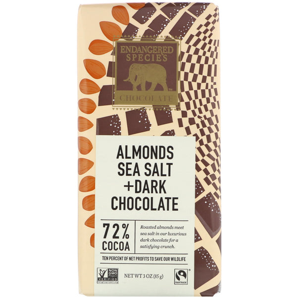 Endangered Species Chocolate, Almonds Sea Salt + Dark Chocolate, 72% Cocoa, 3 oz (85 g) - The Supplement Shop