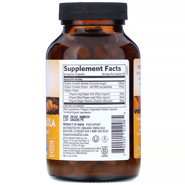 Organic India, Turmeric Formula, Joint Mobility & Support, 180 Vegetarian Caps - The Supplement Shop