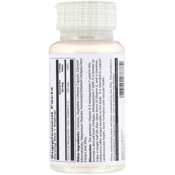 Solaray, Triple Strength Vitamin K-2 Menaquinone-7, 150 mcg, 30 VegCaps - The Supplement Shop
