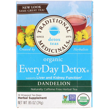 Traditional Medicinals, Organic EveryDay Detox Tea, Dandelion, Caffeine Free, 16 Wrapped Tea Bags, .85 (24 g)