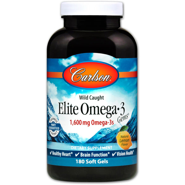 Carlson Labs, Wild Caught, Elite Omega-3 Gems, Natural Lemon Flavor, 1,600 mg, 180 Soft Gels - The Supplement Shop