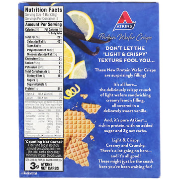 Atkins, Protein Wafer Crisps, Lemon Vanilla, 5 Bars, 1.27 oz (36 g) Each