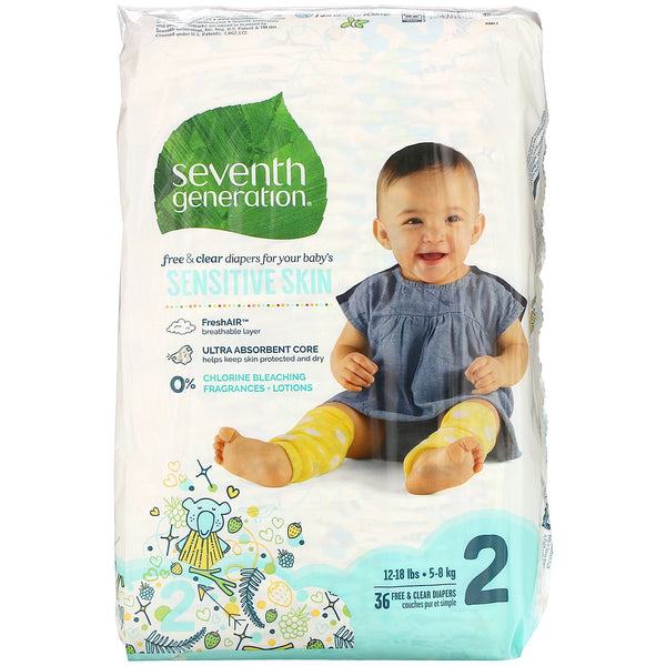 Seventh Generation, Free & Clear Diapers, Size 2, 12-18 lbs, 36 Diapers - The Supplement Shop