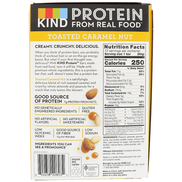 KIND Bars, Protein Bars, Toasted Caramel Nut, 12 Bars, 1.76 oz (50 g) Each - The Supplement Shop