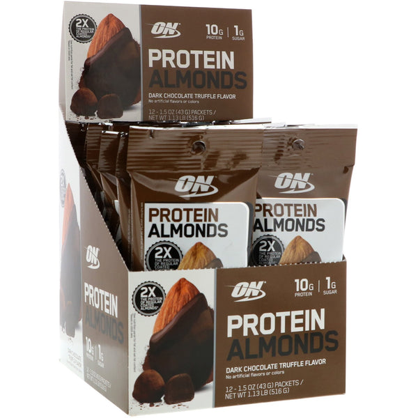 Optimum Nutrition, Protein Almonds, Dark Chocolate Truffle, 12 Packets, 1.5 oz (43 g) Each - The Supplement Shop