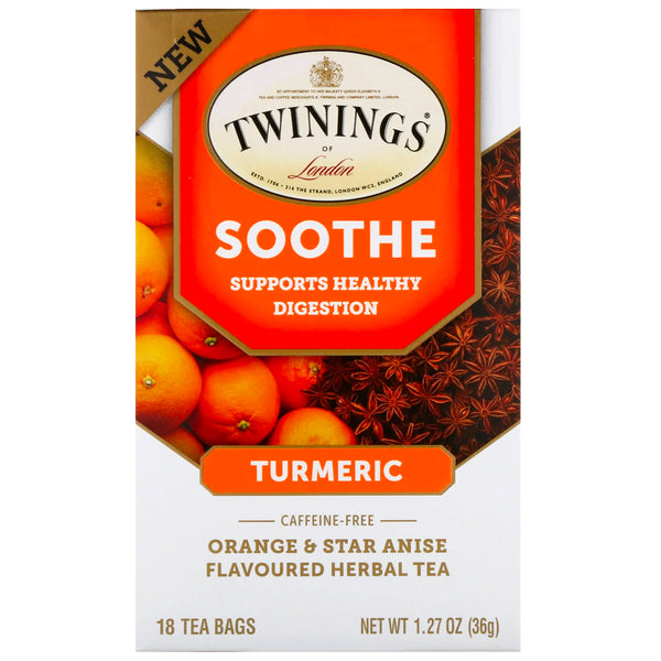 Twinings, Soothe Herbal Tea, Turmeric, Orange and Star Anise, Caffeine Free, 18 Tea Bags, 1.27 oz (36 g) - The Supplement Shop