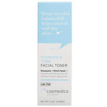 Cosmedica Skincare, Hydrate & Tone Facial Toner, Rosewater + Witch Hazel, 4 oz (120 ml)