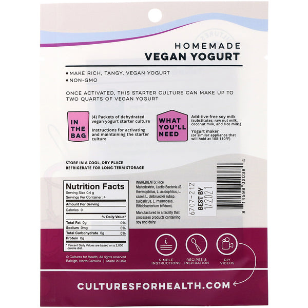 Cultures for Health, Vegan Yogurt, 4 Packets, .06 oz (1.6 g) - The Supplement Shop