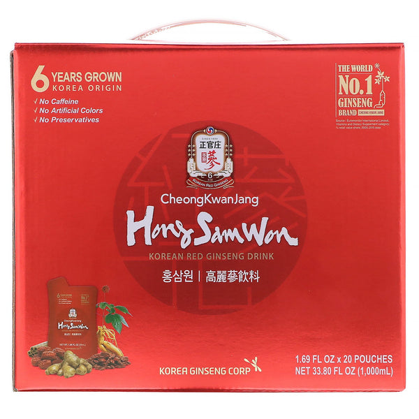 Cheong Kwan Jang, Hong Sam Won, Korean Red Ginseng Drink, 20 Pouches, 1.69 fl oz (50 ml) Each - The Supplement Shop