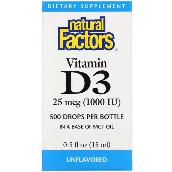Natural Factors, Vitamin D3 Drops, Unflavored, 25 mcg (1,000 IU), 0.5 fl oz (15 ml) - The Supplement Shop