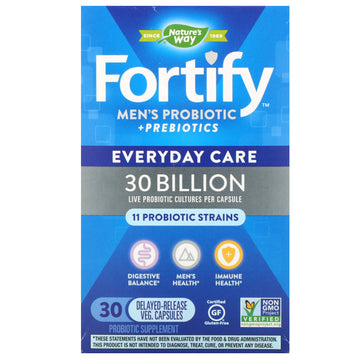 Nature's Way, Fortify, Men's Probiotic + Prebiotics, Everyday Care, 30 Billion, 30 Delayed-Release Veg. Capsules