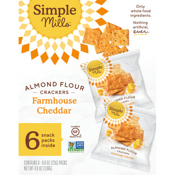 Simple Mills, Naturally Gluten-Free, Almond Flour Crackers, Farmhouse Cheddar, 6 Packs, 0.8 oz (23 g) Each