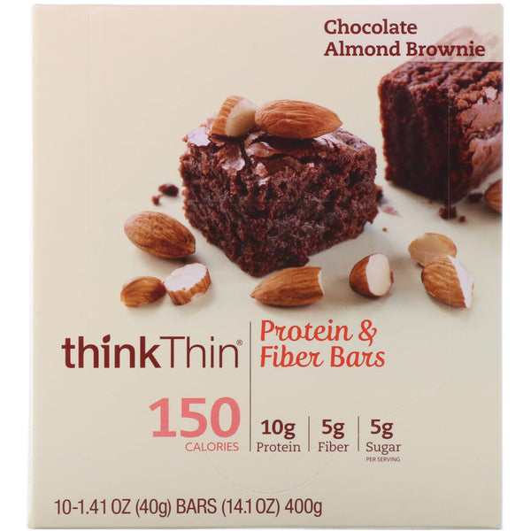 ThinkThin, Protein & Fiber Bars, Chocolate Almond Brownie, 10 Bars, 1.41 oz (40 g) Each - The Supplement Shop