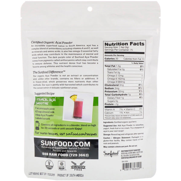 Sunfood, Organic Acai Powder, 8 oz (227 g) - The Supplement Shop
