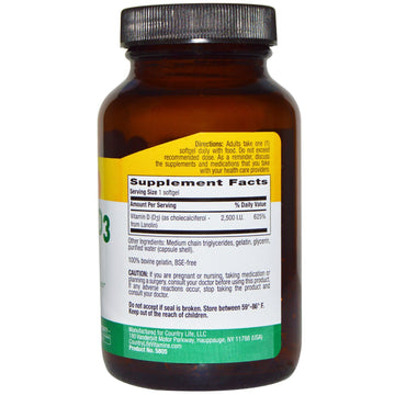 Country Life, Vitamin D3, 62.5 mcg (2,500 I.U.), 200 Softgels